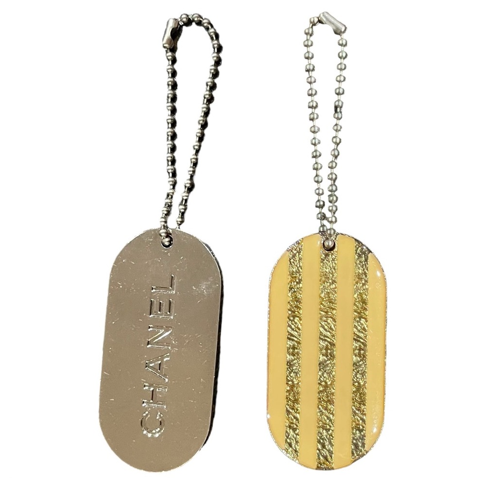 CHANEL Authentic Keychain Bag Charm Yellow Gold Stripes